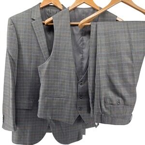 Bocaccio Uomo Mens Paris 3 Piece Suit Grey Plaid Jacket 44L‎ Pants 38W Vest NWT